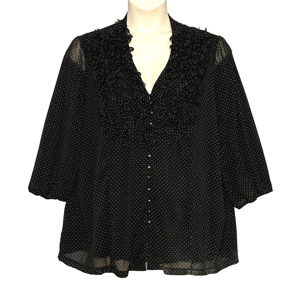 APT. 9 Woman 3X Black Polka Dot Ruffle V Neck Button Down 3/4 Sleeve Blouse - Picture 1 of 12